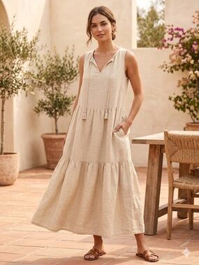 J. McLaughlin Christa Linen Blend Lightweight Boho Tiered Maxi Shift Dress Sz M